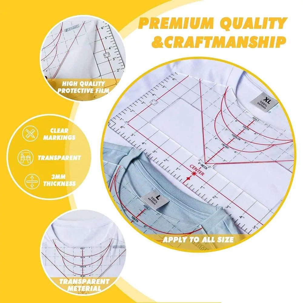 A clear plastic ruler used for aligning t-shirts for vinyl heat press, showing markings and thickness.