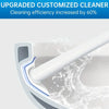 A white cleaning wand is shown being used to clean a toilet bowl, with water splashing and foam visible.
