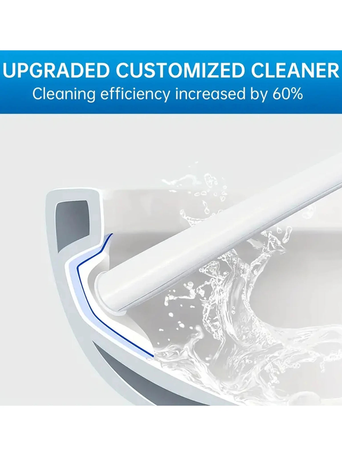 A white cleaning wand is shown being used to clean a toilet bowl, with water splashing and foam visible.