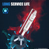 A diagram showing a high production standard long service life light bulb kit in a glass tube surrounded by red smoke and blu