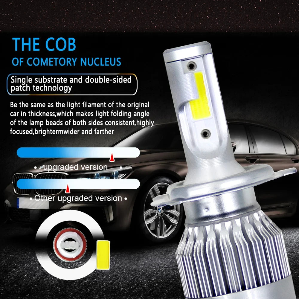 A close-up view of a single substrate and double-sided patch technology LED light bulb for a car headlight.