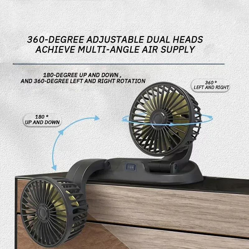 Dual-Head USB Car Fan with Adjustable Speed