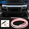 A flexible red and white LED light strip for car hood lighting is shown alongside a close-up of the product.