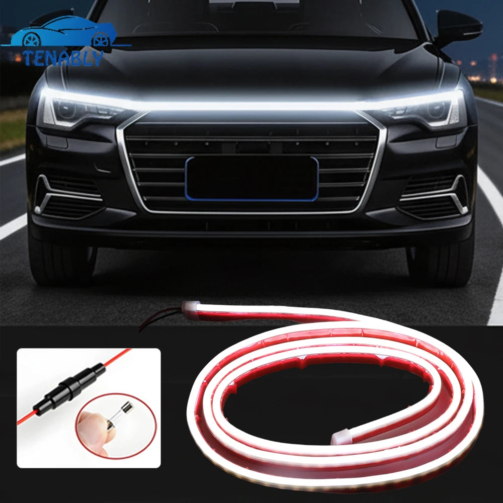 A flexible red and white LED light strip for car hood lighting is shown alongside a close-up of the product.