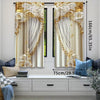 A set of two Baroque white and gold light-filtering curtains displayed in a window frame.