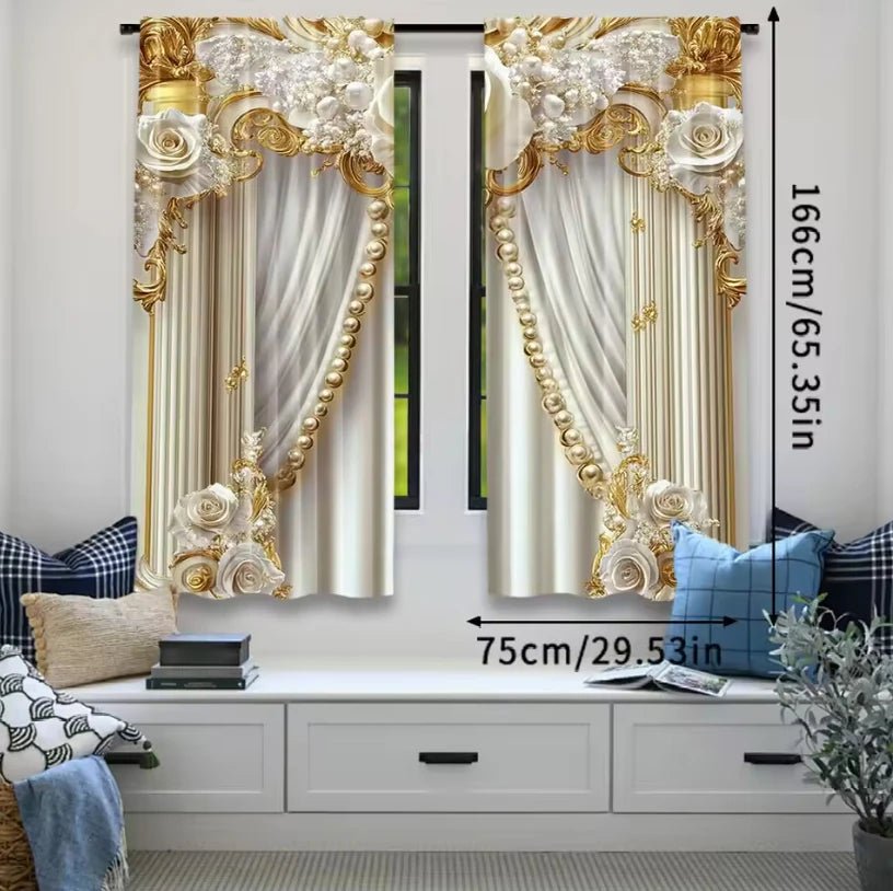 A set of two Baroque white and gold light-filtering curtains displayed in a window frame.