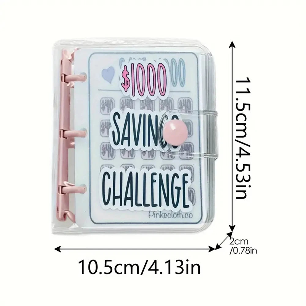 A clear plastic binder for cash savings challenge with envelope storage and a pink accent.