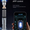A hand holds a blue lightsaber with a metal hilt, demonstrating app control features on a smartphone screen.