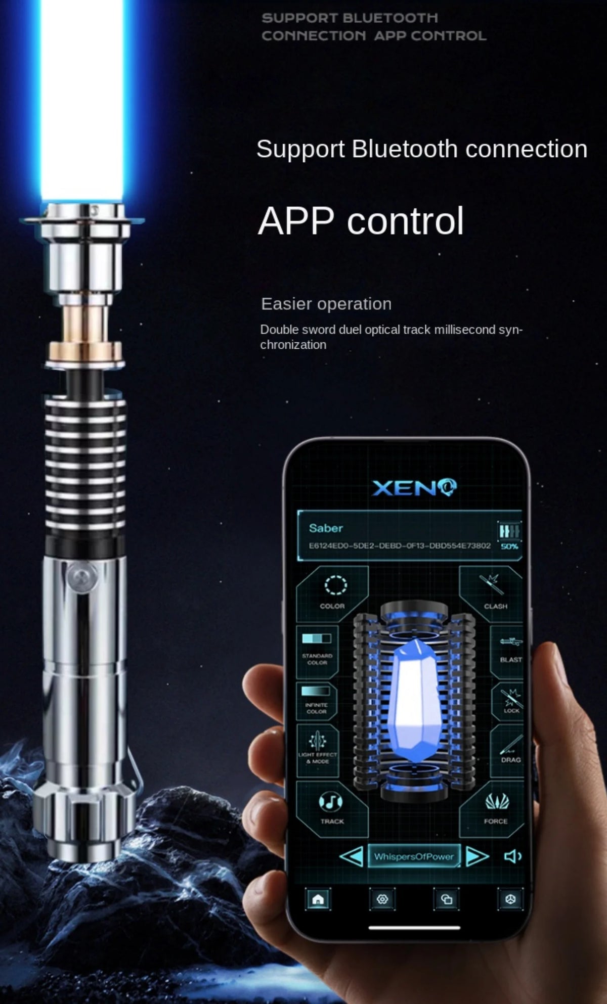 A hand holds a blue lightsaber with a metal hilt, demonstrating app control features on a smartphone screen.