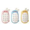 Three rabbit-shaped baby music phone toys in pink, blue, and yellow for teething