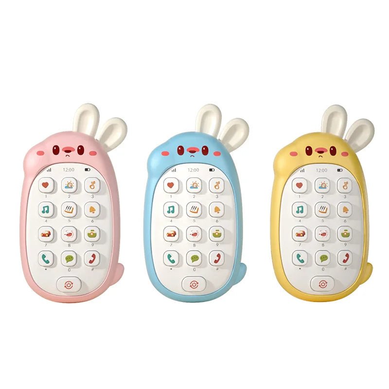 Three rabbit-shaped baby music phone toys in pink, blue, and yellow for teething