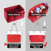 A red felt tote bag organizer insert with multiple pockets shown in various contexts and after use.