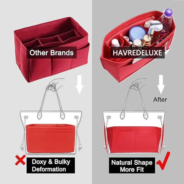 A red felt tote bag organizer insert with multiple pockets shown in various contexts and after use.
