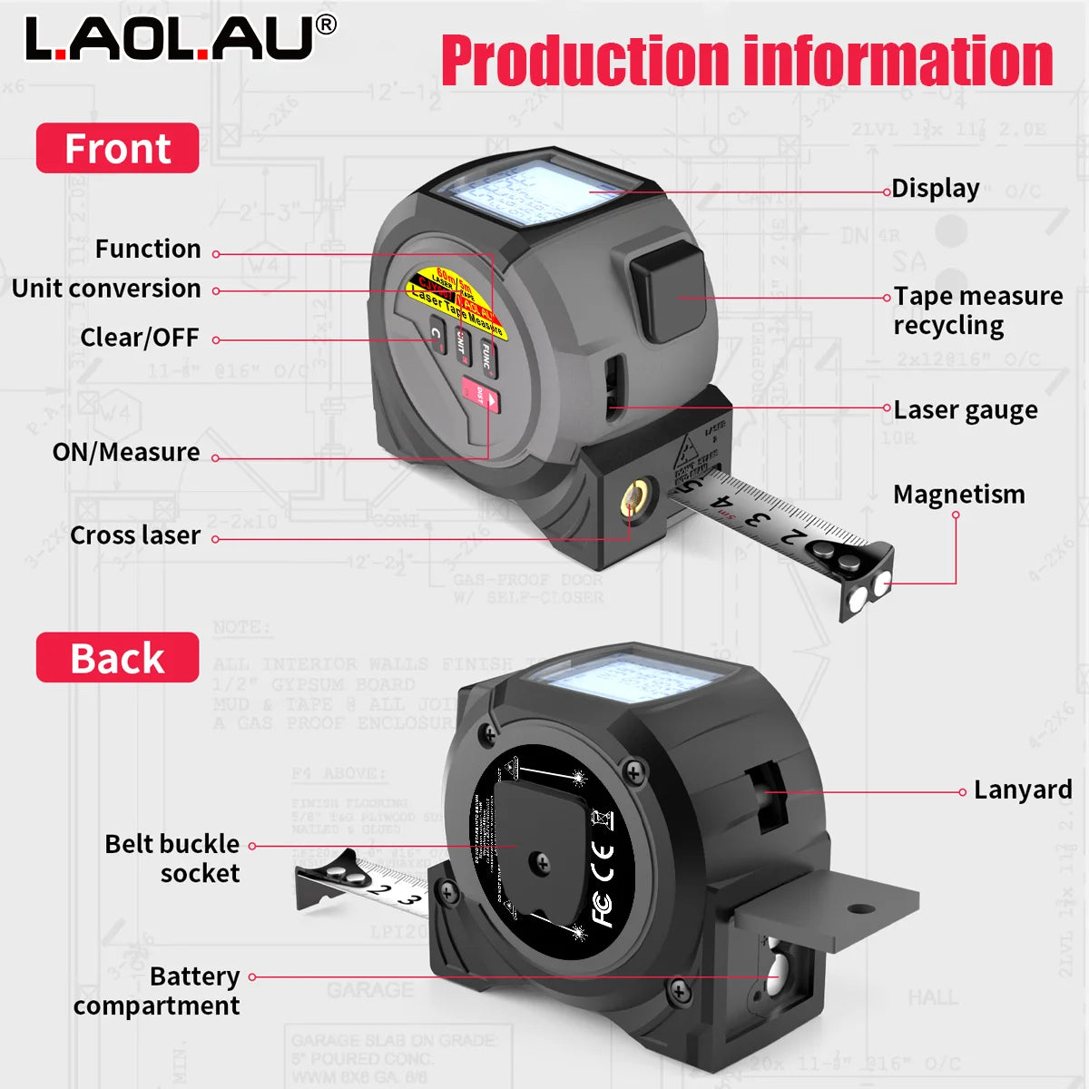 3-in-1 Laser Distance Measurer with Tape Measure and Cross-Line Level