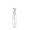 A clear, refillable fine mist continuous spray bottle with a white pump dispenser.