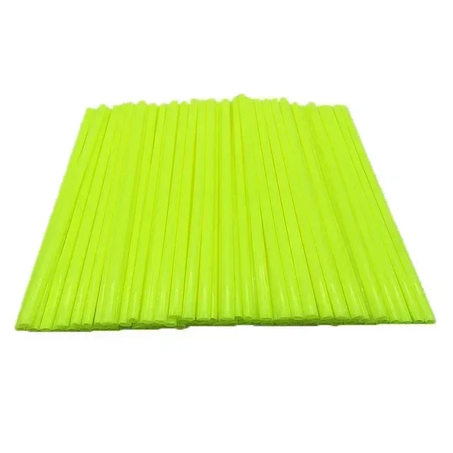 A set of bright lime green, flexible spoke wraps for motorcycle and bike rim protection.