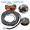 A spool of black synthetic winch rope with a protective sheath is shown alongside an orange off-road vehicle.