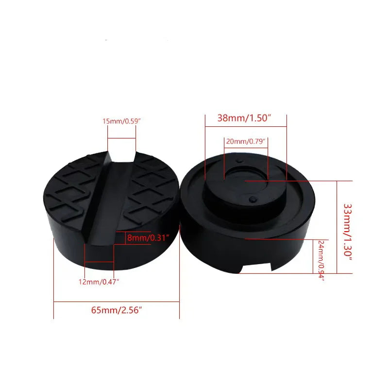 Black universal rubber jack pad designed to protect pinch welds and frame rails on floor jacks.