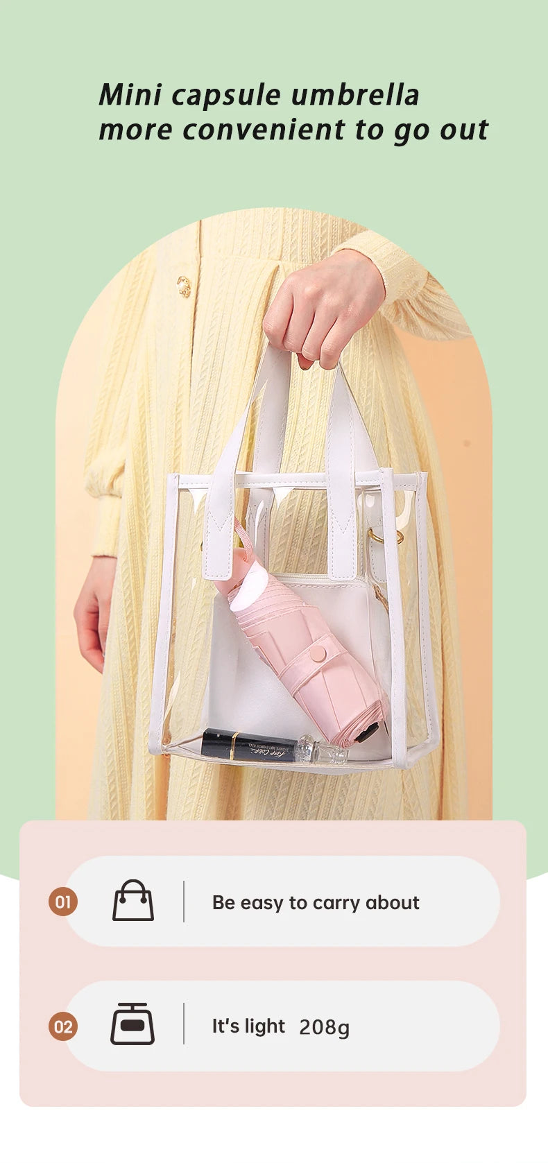 A hand holds a mini capsule umbrella in a clear case, demonstrating its convenience for going out.
