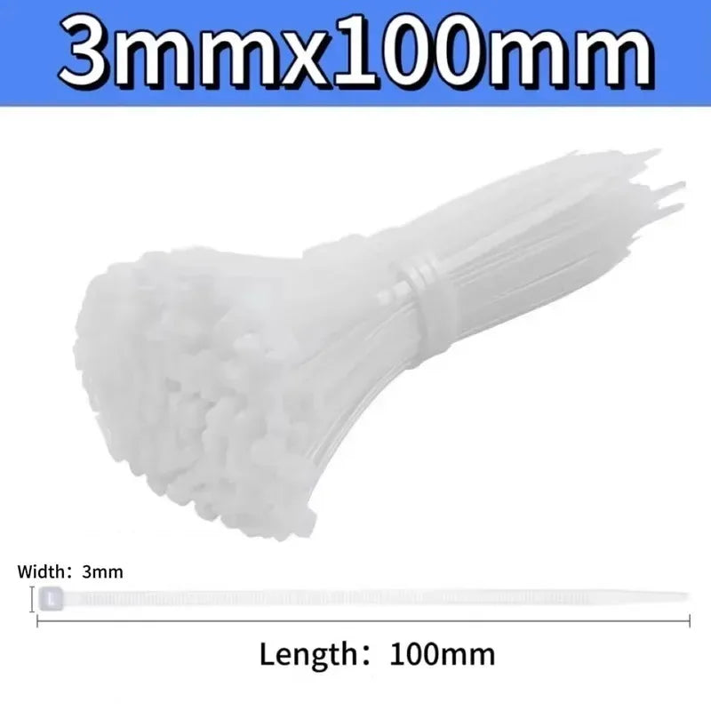 A white, flexible nylon cable tie with a 3mm width and 100mm length.