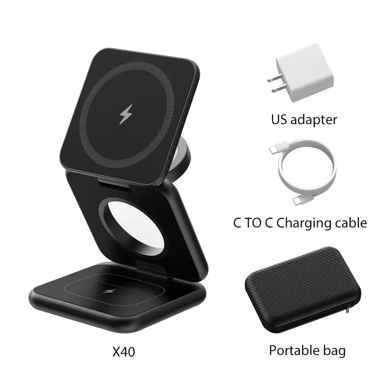 A black foldable magnetic wireless charging stand with a US adapter, charging cable, and portable bag.
