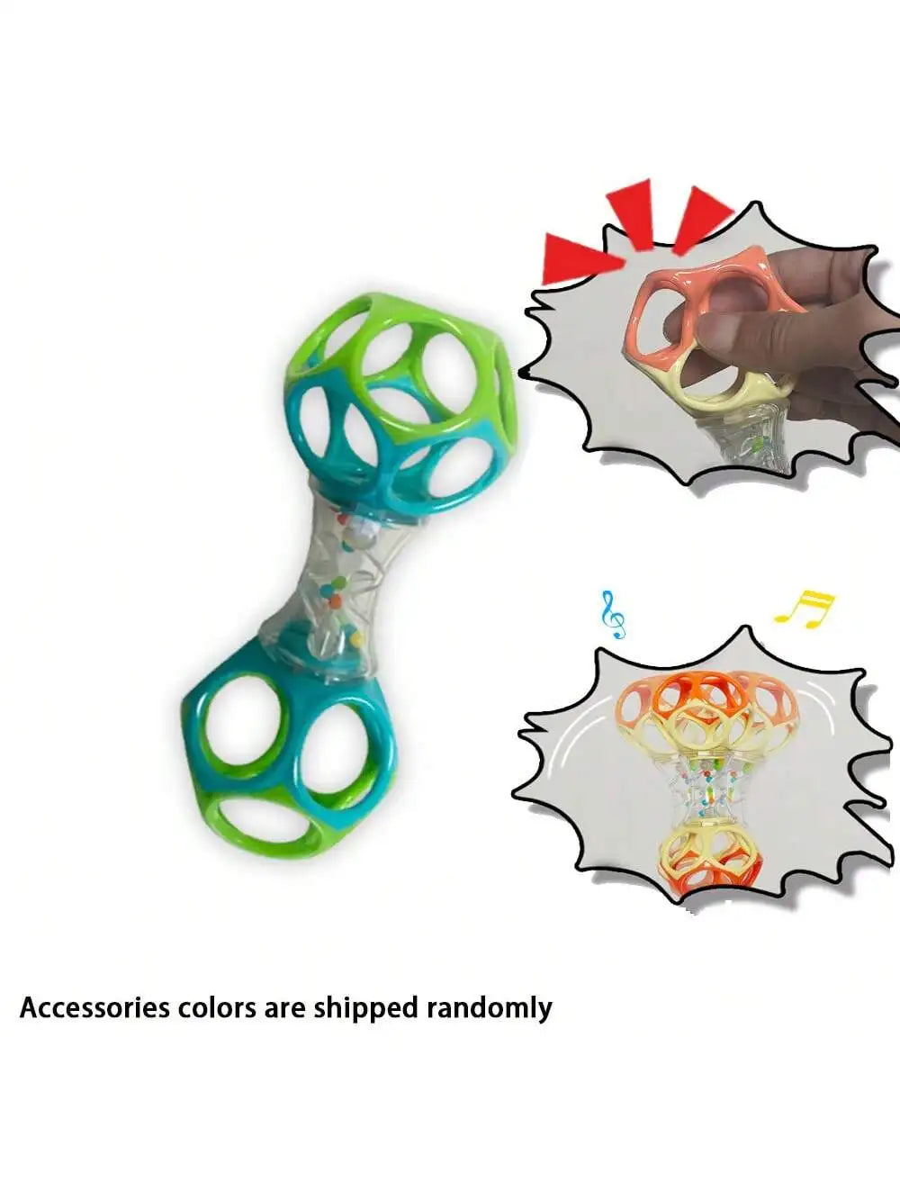 A green rattle toy with a clear tube and beads is shown alongside hands holding similar toys.