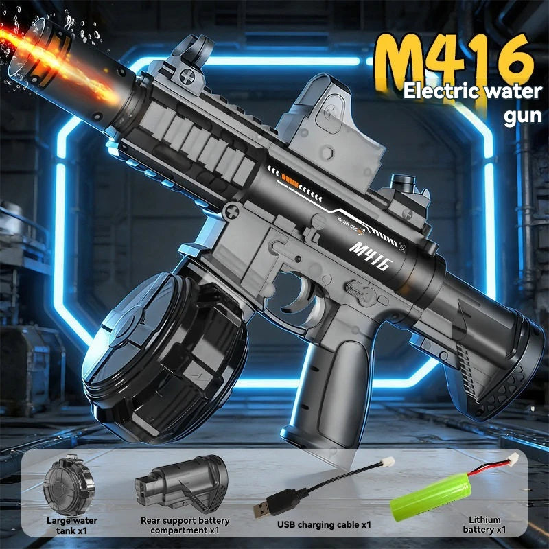 M416 electric water gun with accessories shown in a dark, industrial setting.