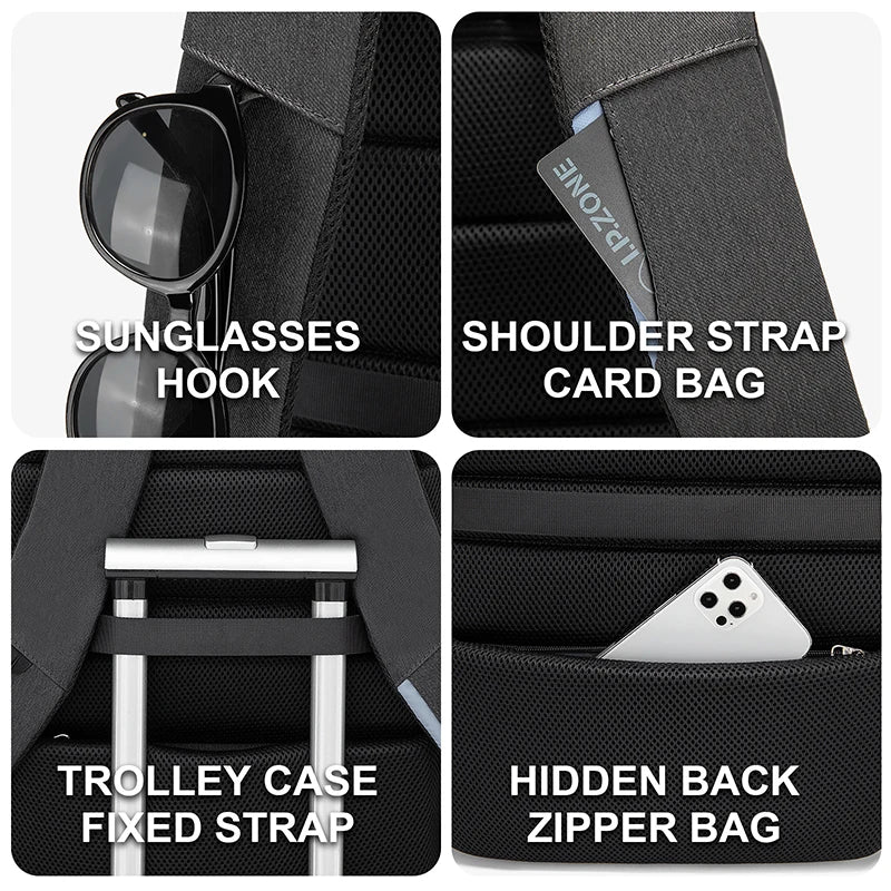 Black laptop backpack featuring sunglasses hook, shoulder strap card bag, trolley case fixed strap, and hidden back zipper ba