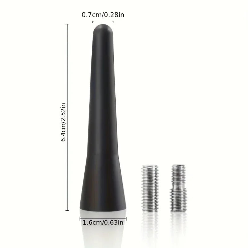 Black compact universal car radio antenna with adapter screws shown against a white background.