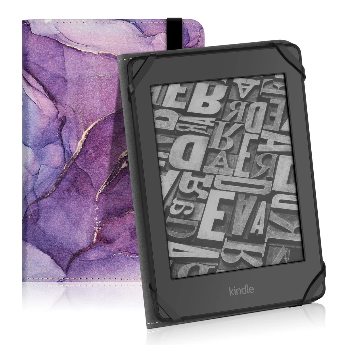 A black Kindle e-reader case with a purple marbled sleeve and a black strap.