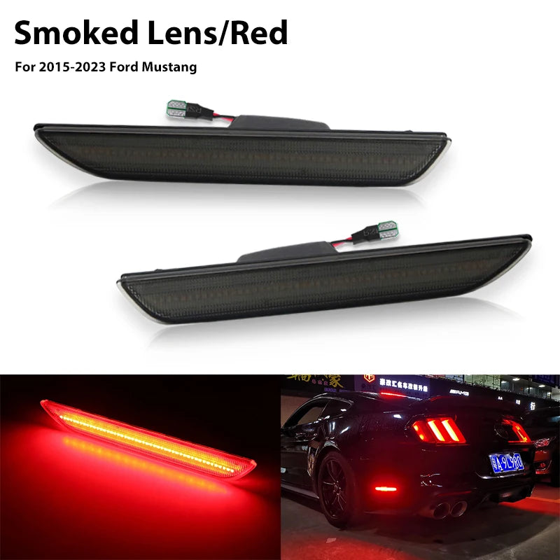 LED rear side marker lights for a 2015-2023 Ford Mustang shown in various views.