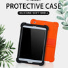 Orange silicone protective case with kickstand for an iPad tablet.