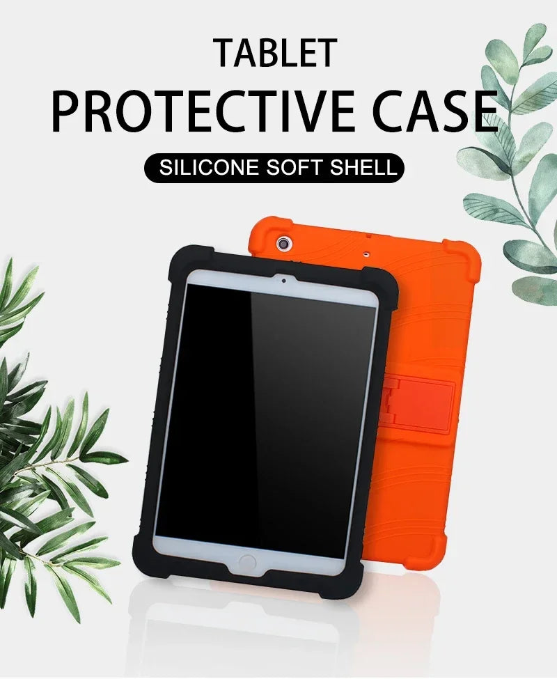 Orange silicone protective case with kickstand for an iPad tablet.