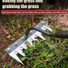 A close-up of an agricultural steel-tooth harrow being used to rake up grass, weeds, and fallen leaves in the soil.