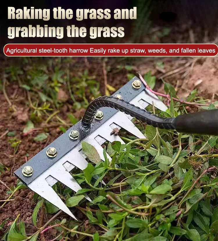 A close-up of an agricultural steel-tooth harrow being used to rake up grass, weeds, and fallen leaves in the soil.