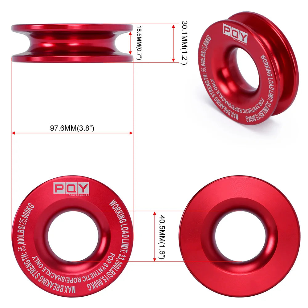 Red recovery ring and synthetic winch rope set with protective sleeve for strength and rope synthetic