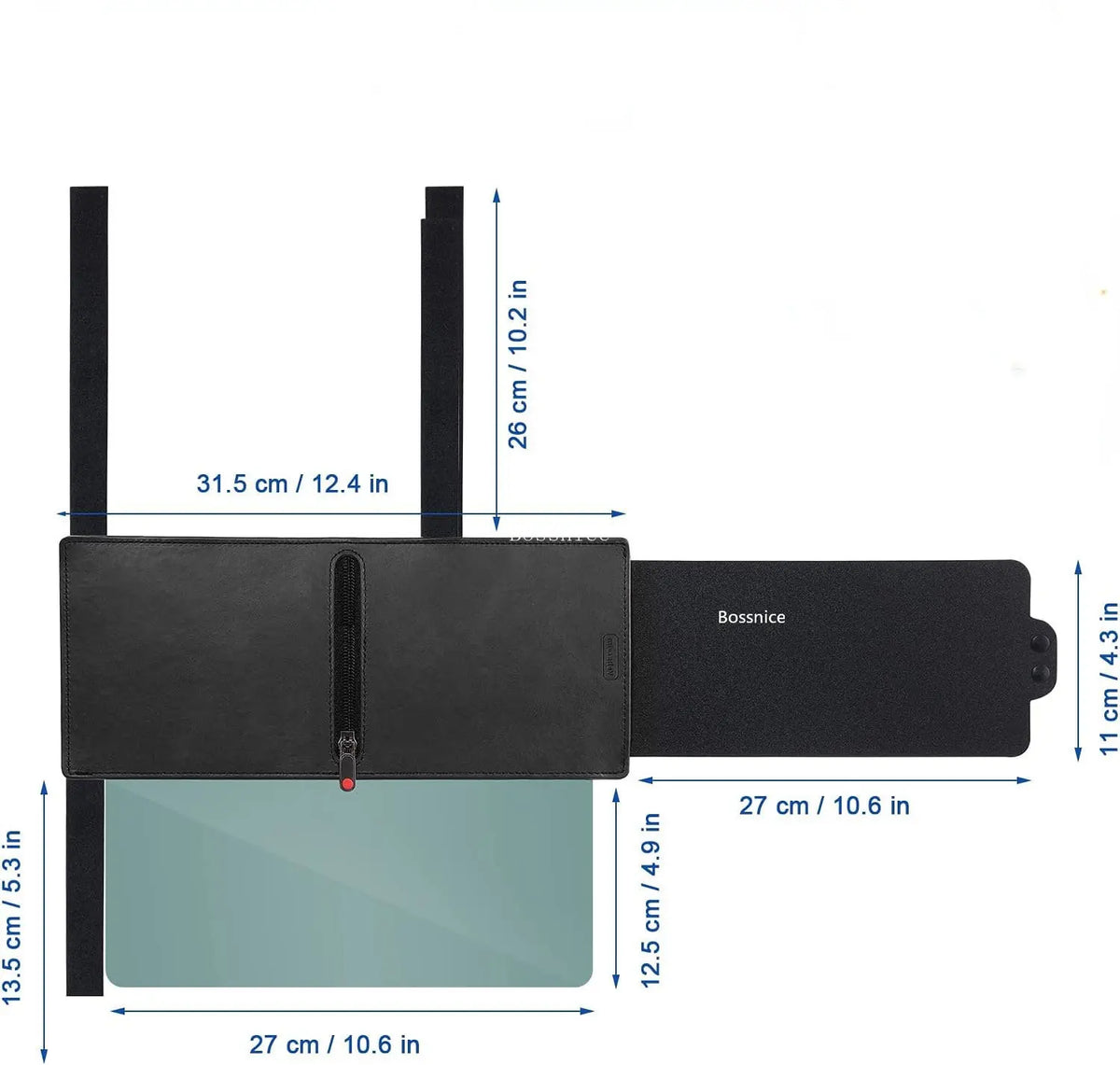 A black adjustable car sun visor extender with a clear lens, showing its dimensions.