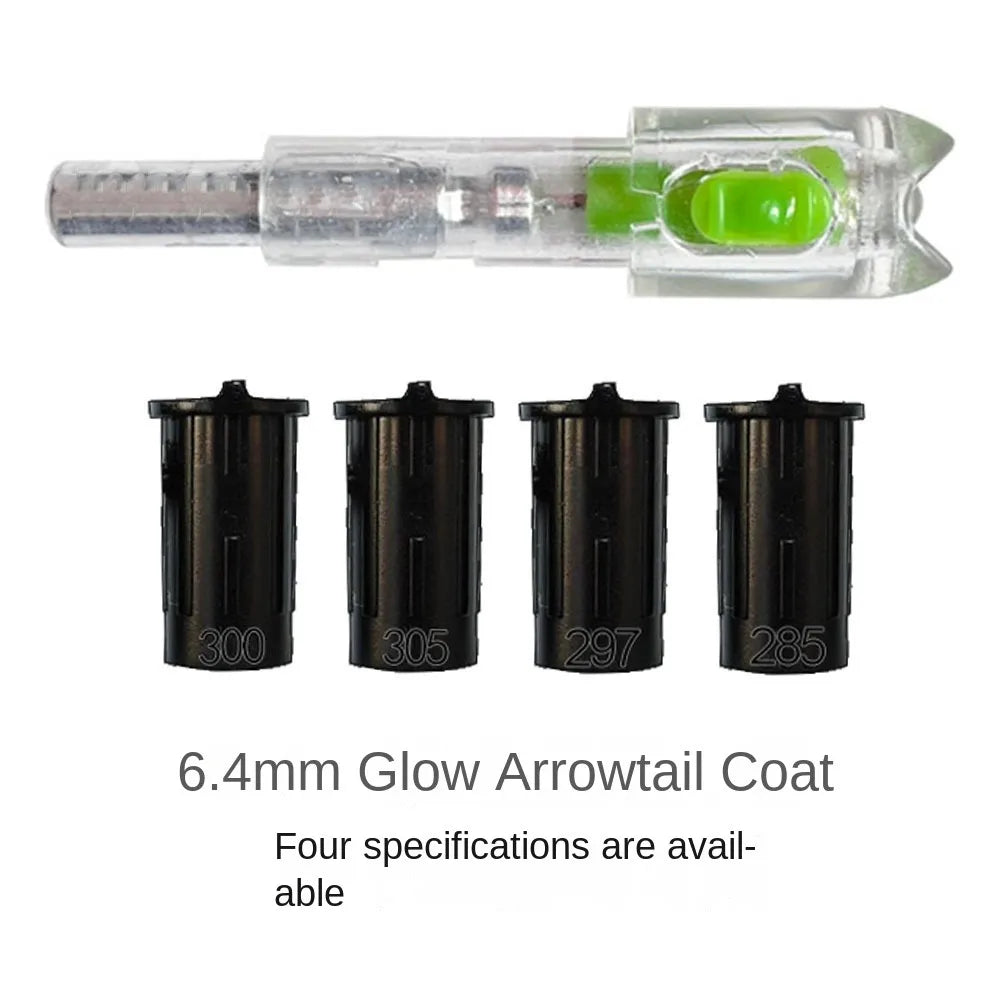 A set of four 6.4mm glow arrowtail coats for archery arrows, shown in various sizes.
