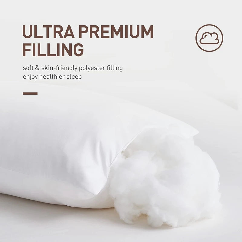 A white pillow showing ultra premium filling and soft polyester material for healthier sleep.