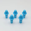 A set of five blue plastic replacement drivers for a battling top, packaged together.