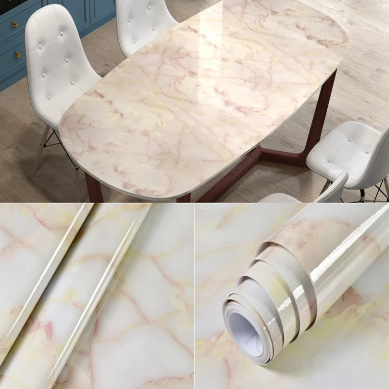 Roll of self-adhesive marble wall sticker featuring pink and white veining for decorative use