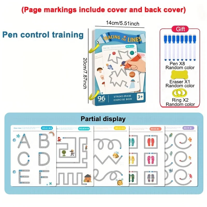 A set of magic tracing workbook pages showing letter tracing, drawing practice, and line work for children.