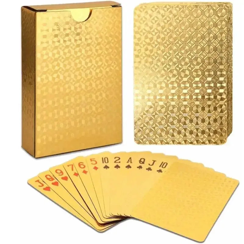 A deck of luxury gold foil playing cards with a matte finish and a gold box.