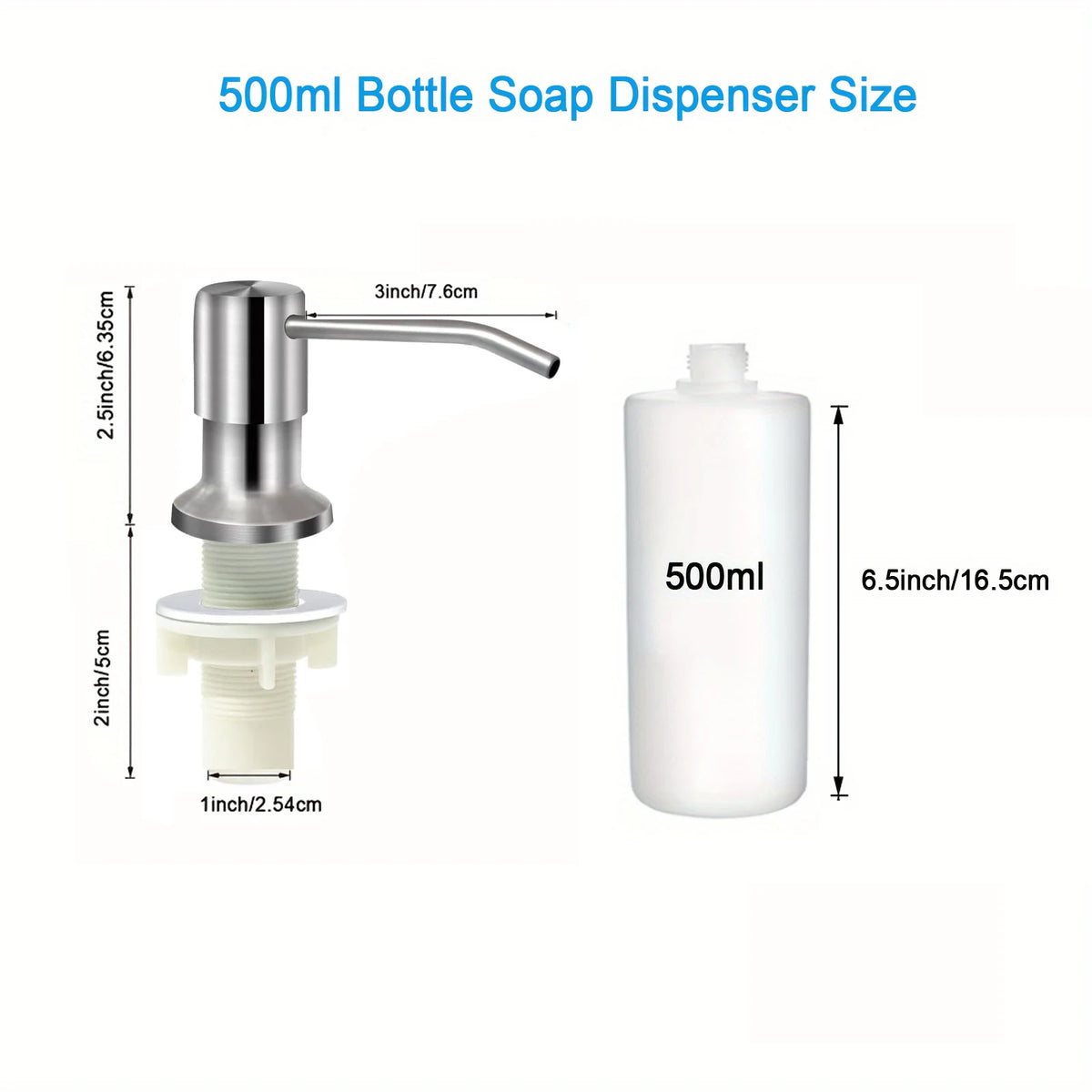 A 500ml bottle soap dispenser with a metal pump and extension kit shown next to the full bottle.