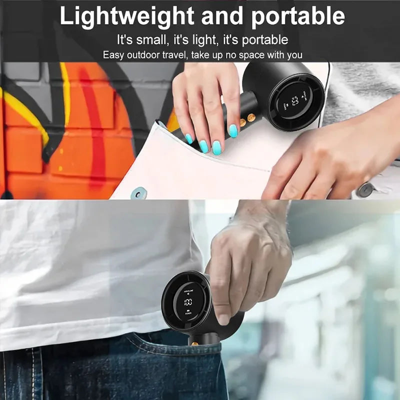 Una mano sostiene un ventilador portátil recargable negro con ajuste de velocidad.