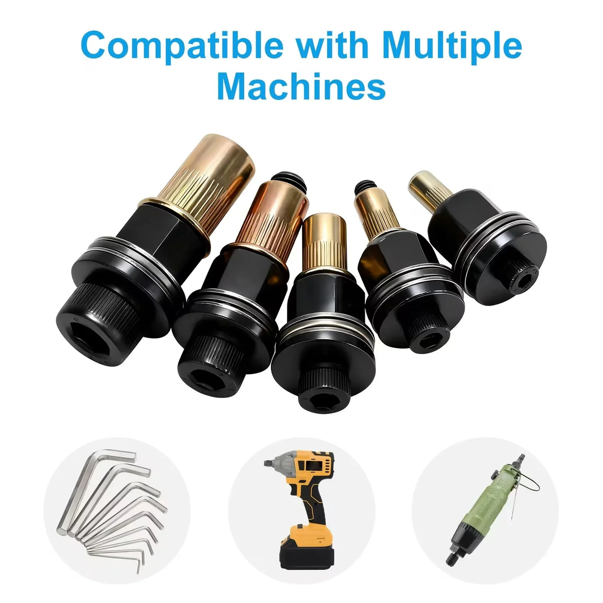 A set of seven rivnut insert tools with mandrels for various sizes, shown alongside a yellow tool and a green tool.
