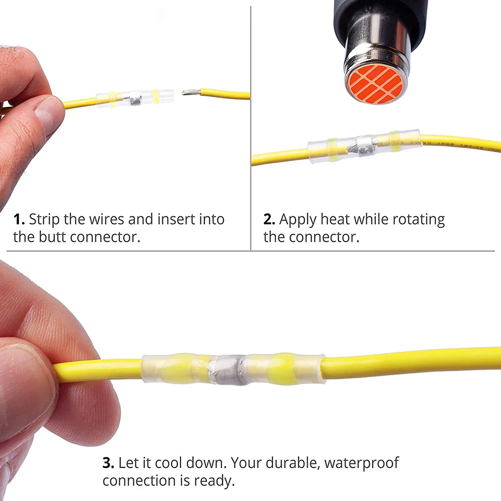Instructions pour retirer les fils et appliquer la chaleur à un connecteur de fil soudé auto.