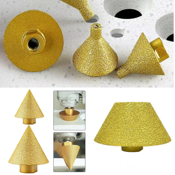 Gold diamond chamfer bits for angle grinders shown in various shapes and sizes