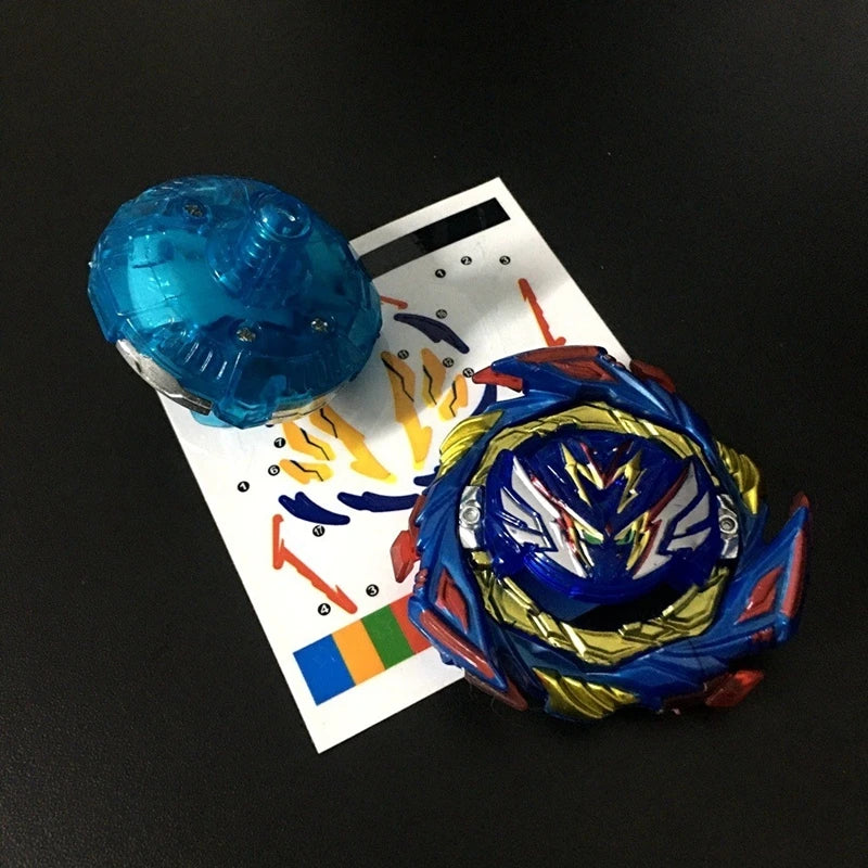 A blue metal battle spinning top is shown next to a white card with colored markings.