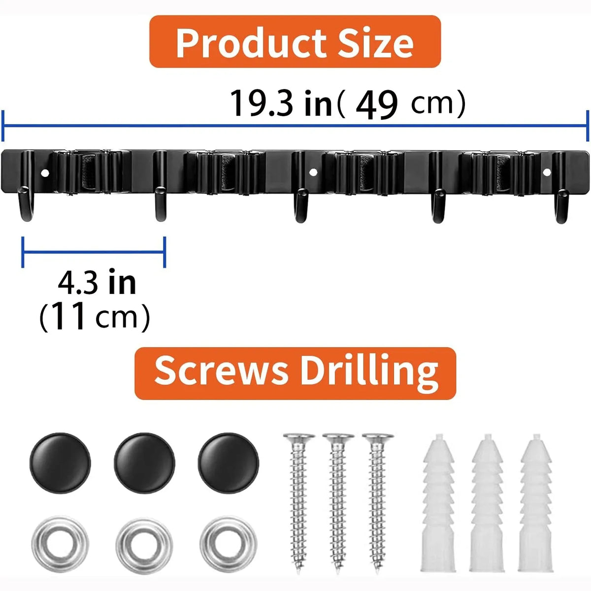 Black heavy-duty wall-mounted tool rack with four slots and five screws for drilling.